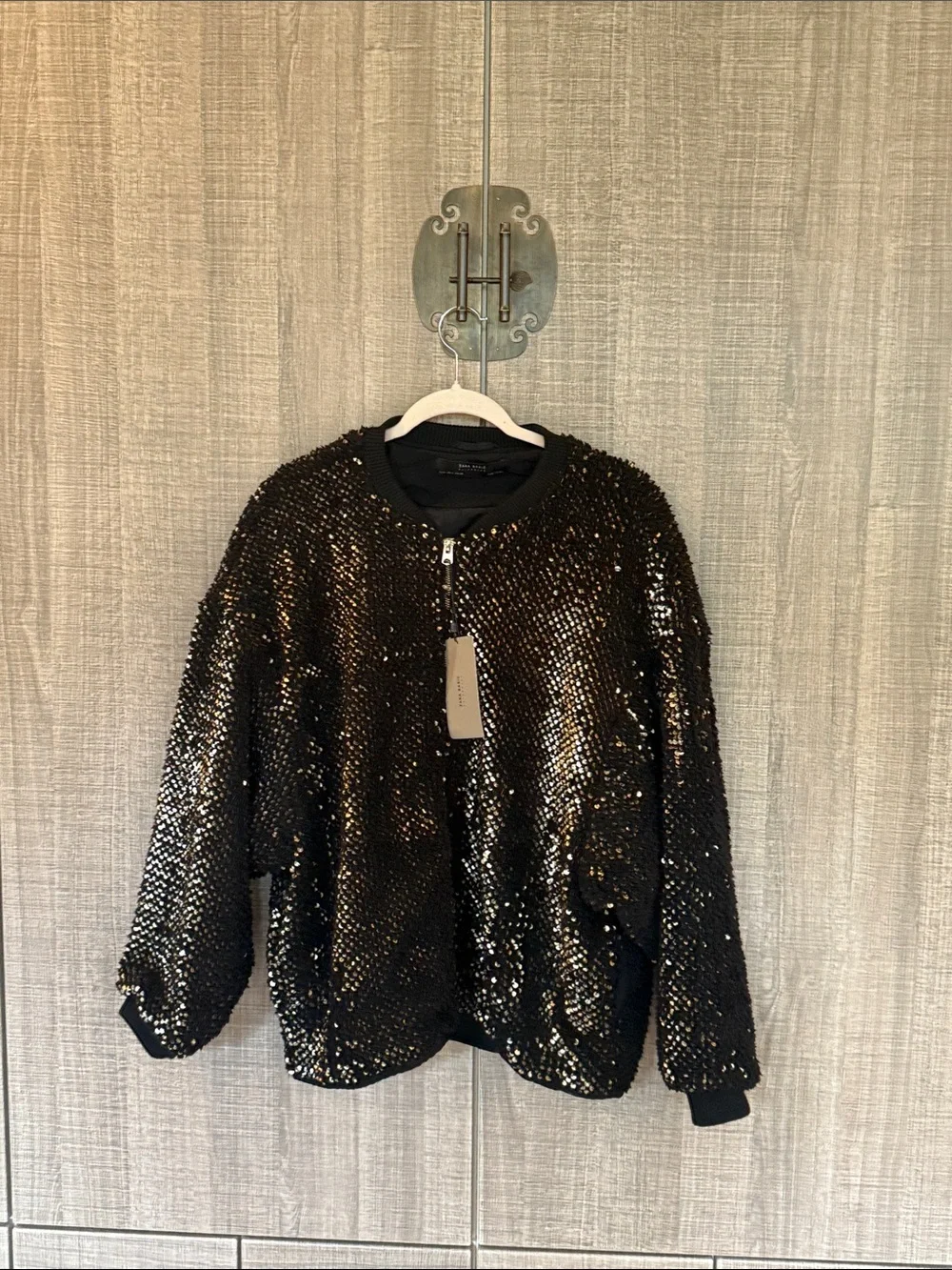 Zara Black And‎ Gold Sequin Bomber Jacket.